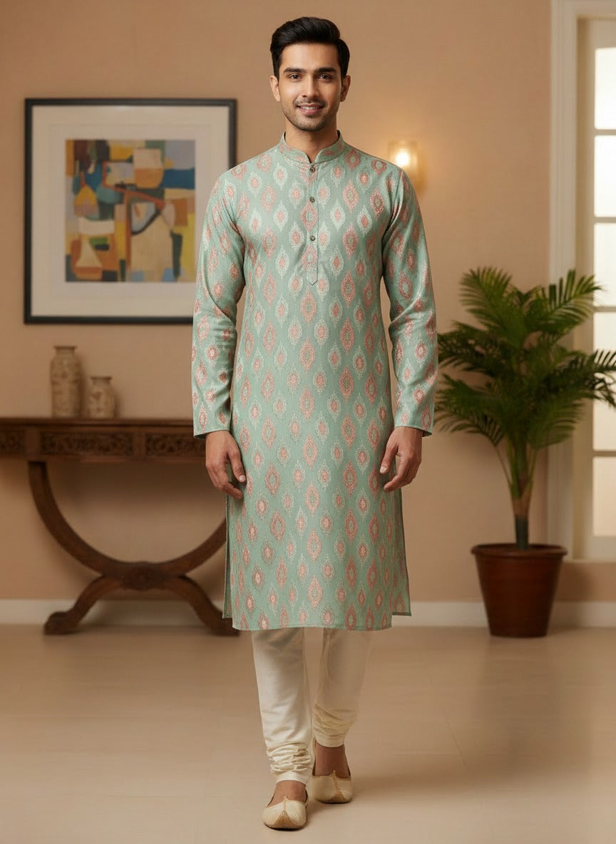 Self textured kurta geometric thread work