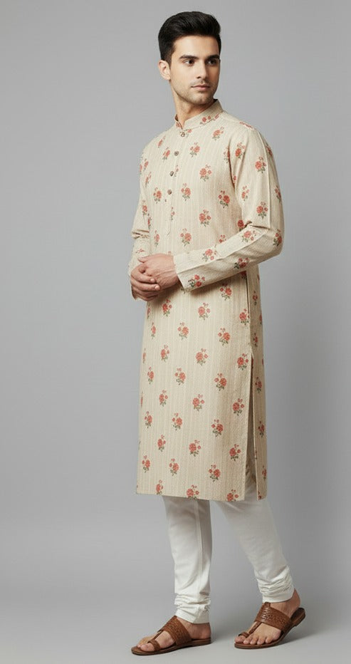 Floral Printed Beige Kurta for Men