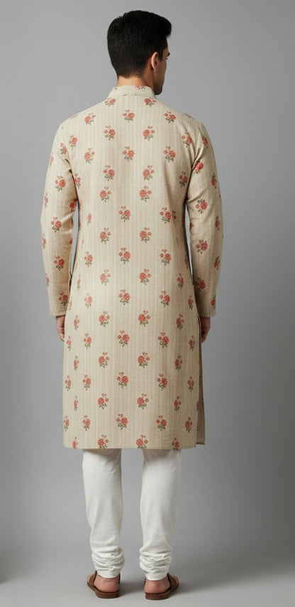 Floral Printed Beige Kurta for Men