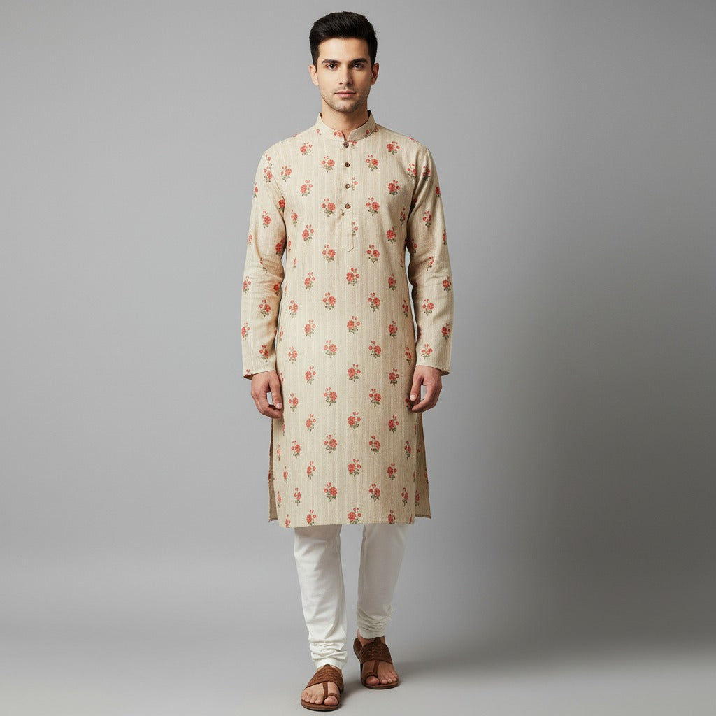 Floral Printed Beige Kurta for Men