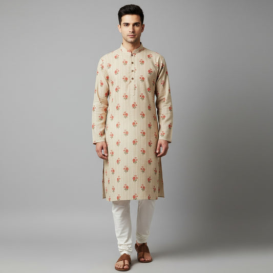 Floral Printed Beige Kurta for Men
