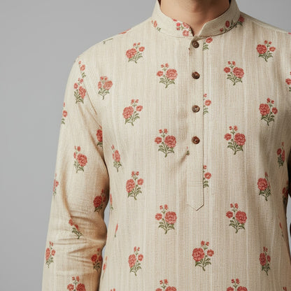 Floral Printed Beige Kurta for Men