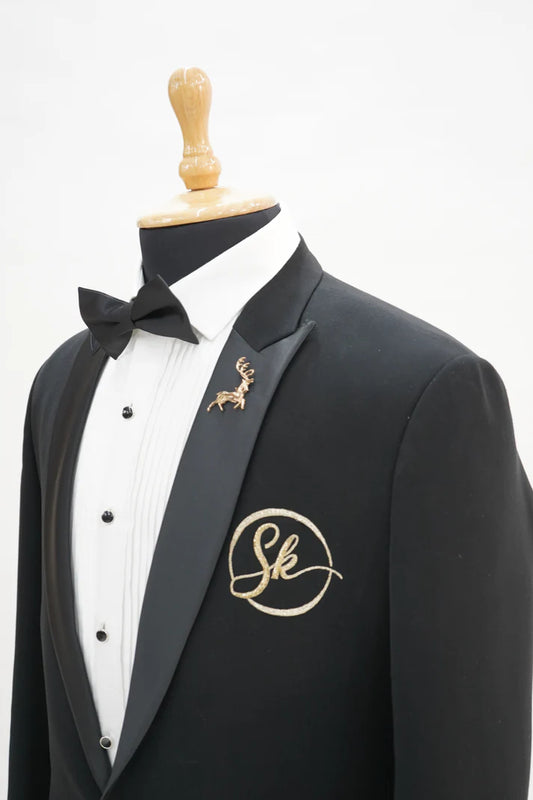 Black Italian Wool Crepe 2-Piece Tuxedo with Name Initial Embroidery Size