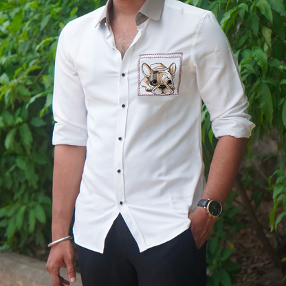 Bulldog Motif White Wool Crepe Shirt