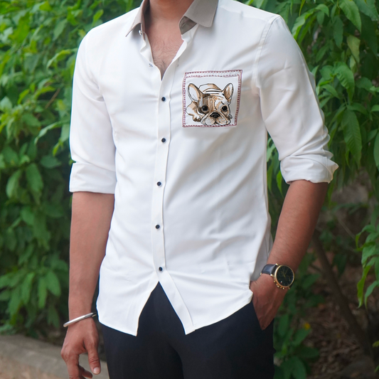 Bulldog Motif White Wool Crepe Shirt