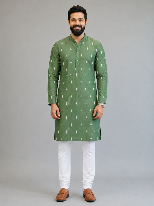 Men's Verdant Ikat Elegance Kurta — Sage Green Indian Ethnic Wear USA