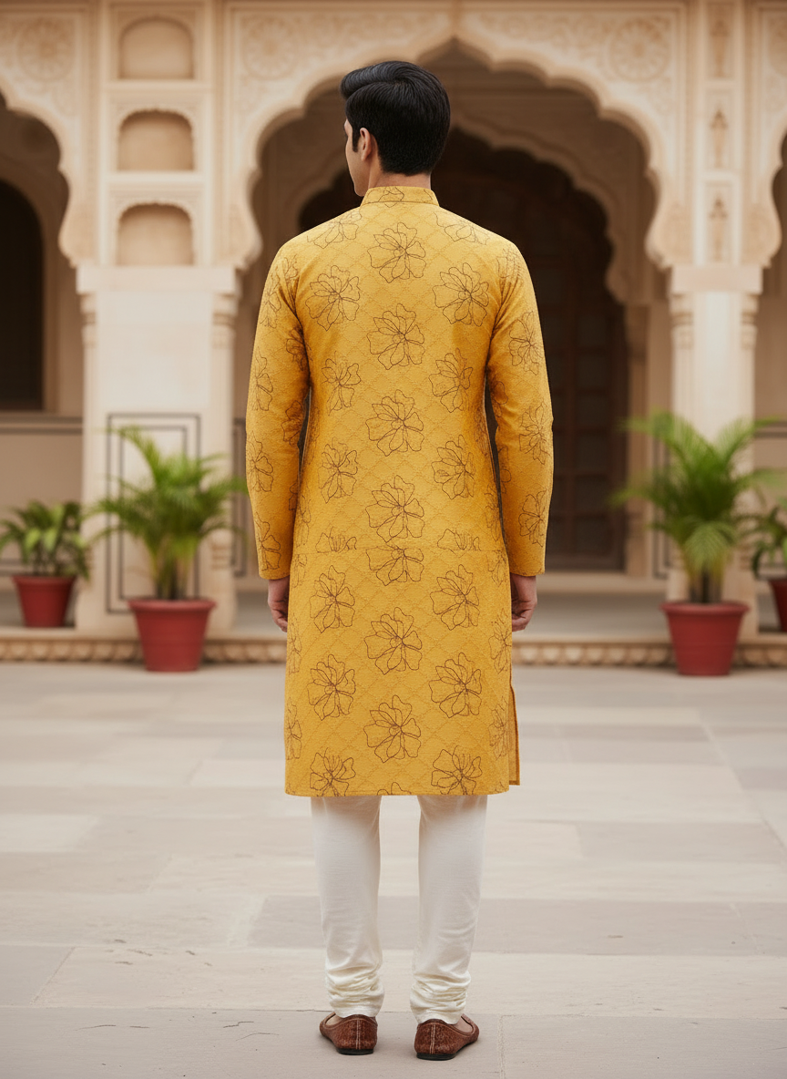 Mustard Yellow Self-Textured Kurta with Line-Art Florals