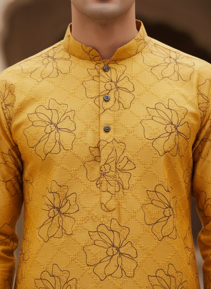 Mustard Yellow Self-Textured Kurta with Line-Art Florals