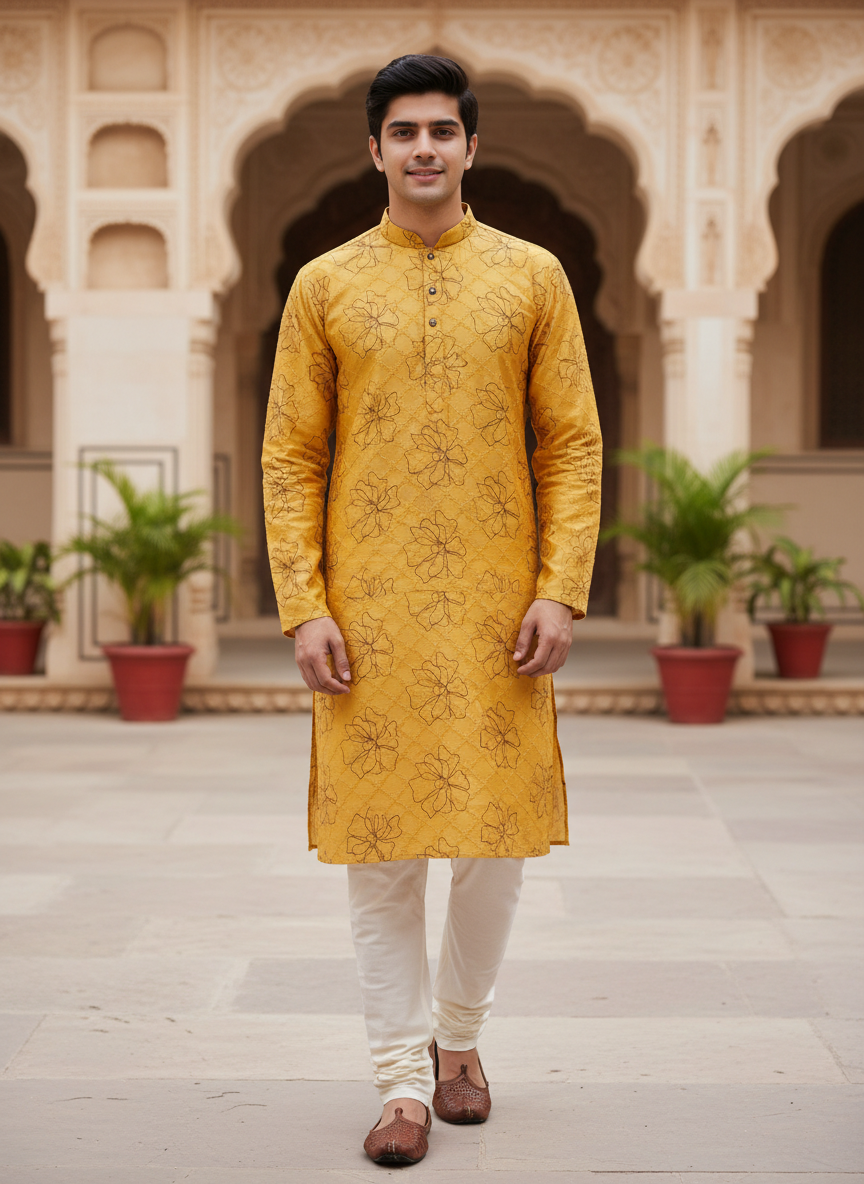 Mustard Yellow Self-Textured Kurta with Line-Art Florals