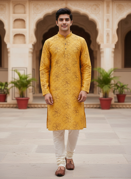 Mustard Yellow Self-Textured Kurta with Line-Art Florals