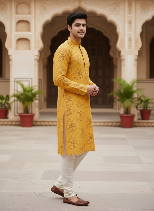 Mustard Yellow Self-Textured Kurta with Line-Art Florals