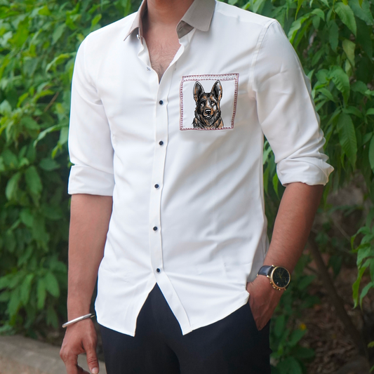 German Shepherd Motif White Wool Crepe Shirt