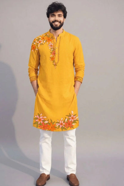 Mustard Yellow Hand-Painted Floral Kurta
