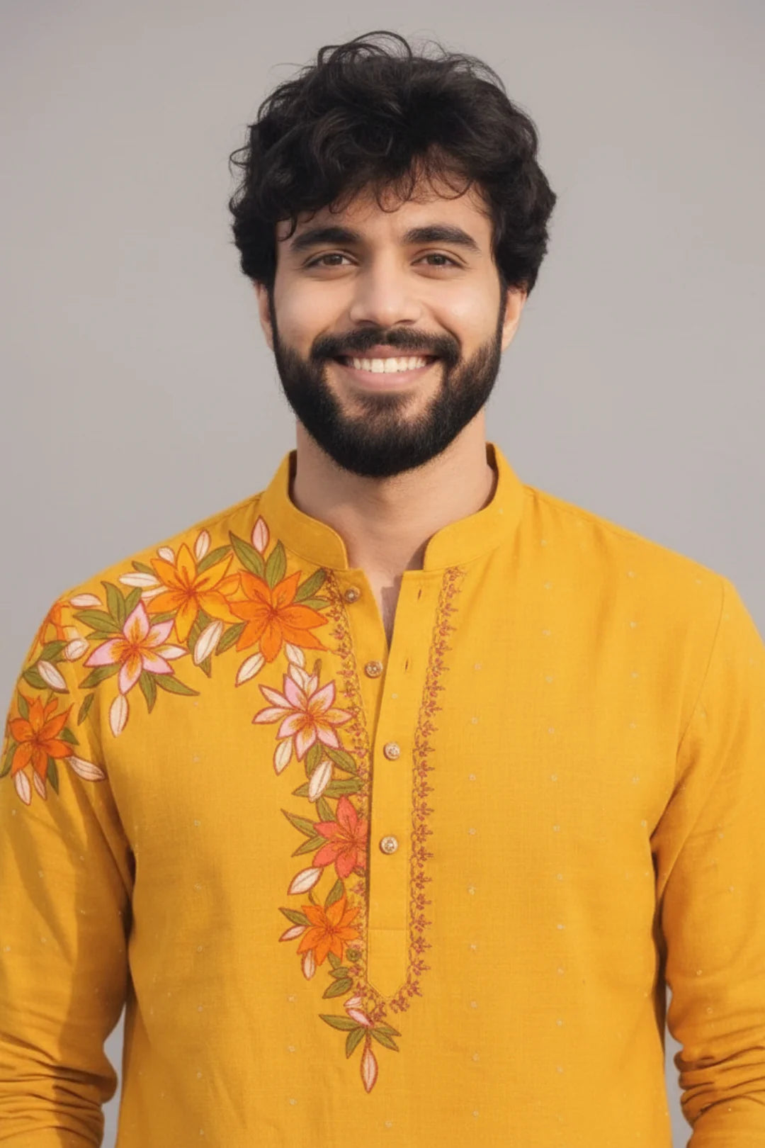 Mustard Yellow Hand-Painted Floral Kurta