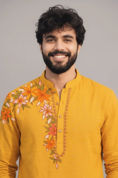 Mustard Yellow Hand-Painted Floral Kurta