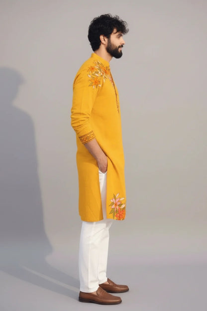 Mustard Yellow Hand-Painted Floral Kurta