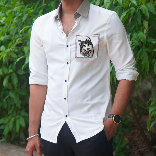 Husky Motif White Wool Crepe Shirt