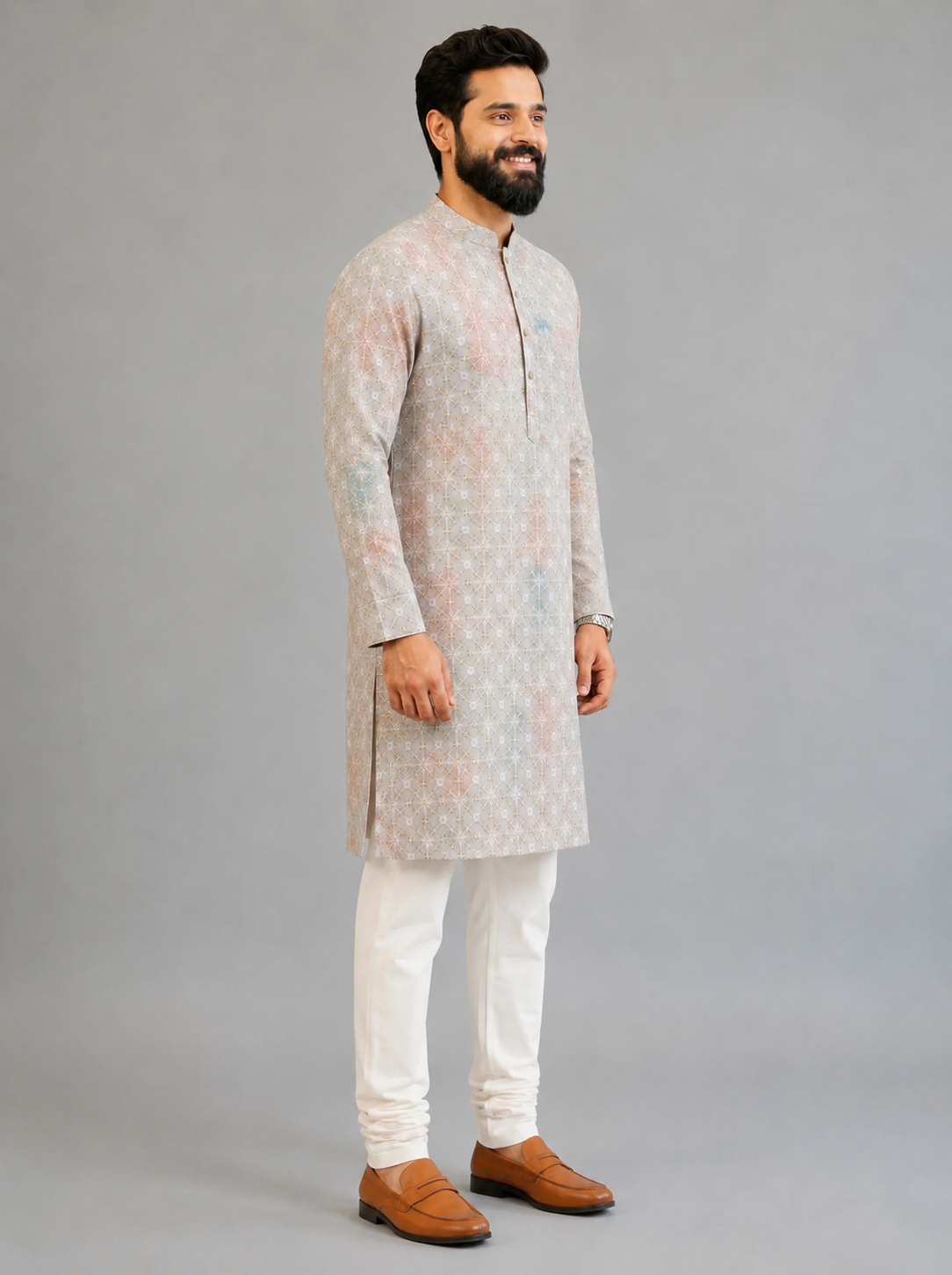 Men's Pastel Heritage Embroidered Kurta — Indian Ethnic Wear for Weddings USA