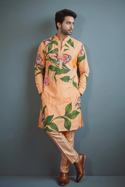 Peach Hand-Painted Floral Kurta with Pants