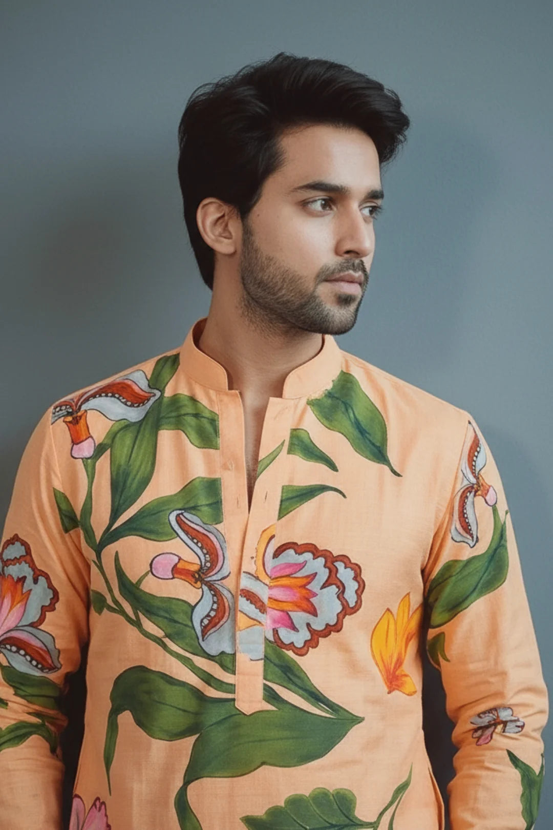 Peach Hand-Painted Floral Kurta with Pants