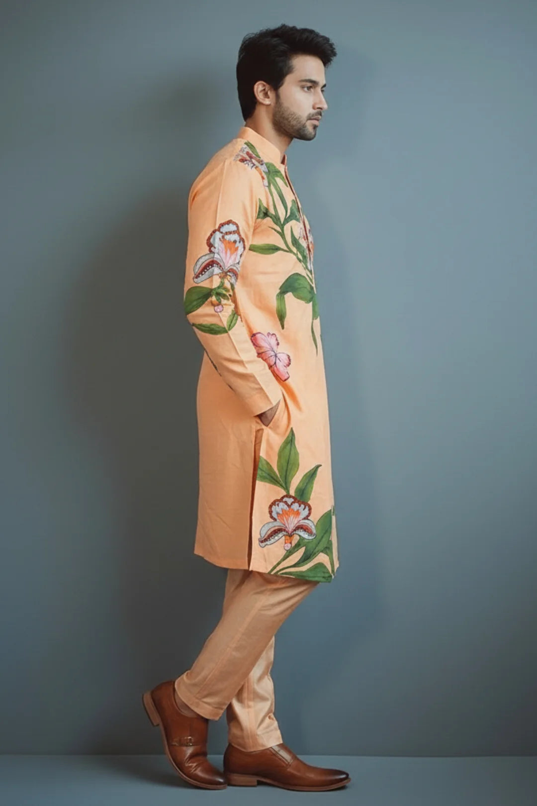 Peach Hand-Painted Floral Kurta with Pants