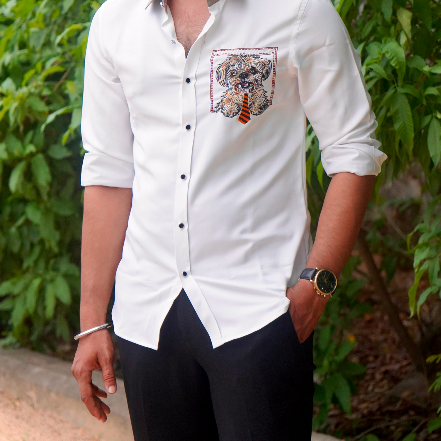 Poodle Motif White Wool Crepe Shirt