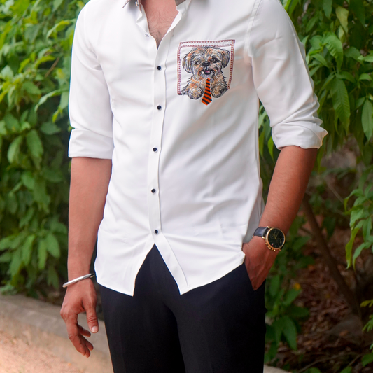 Poodle Motif White Wool Crepe Shirt