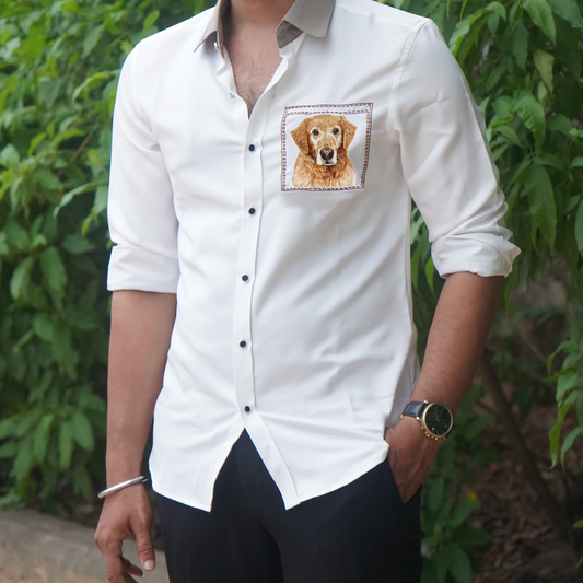 Golden Retriever Motif White Wool Crepe Shirt