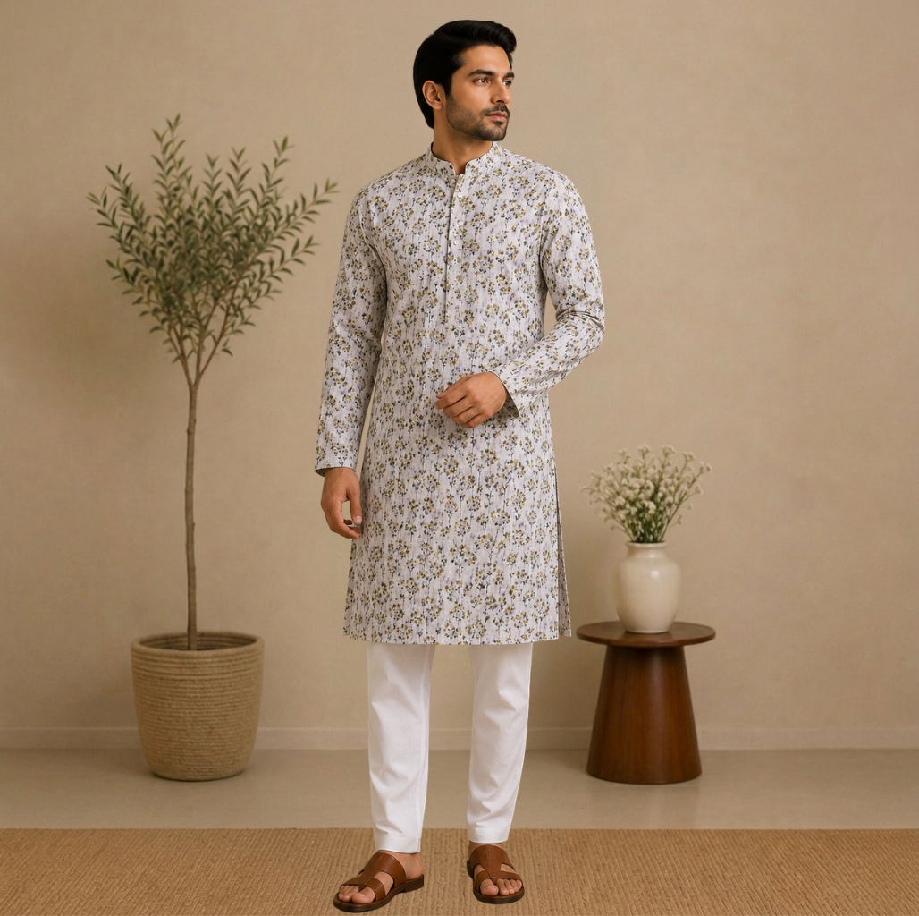 Minimalist Floral Kurta with Crisp White Trousers