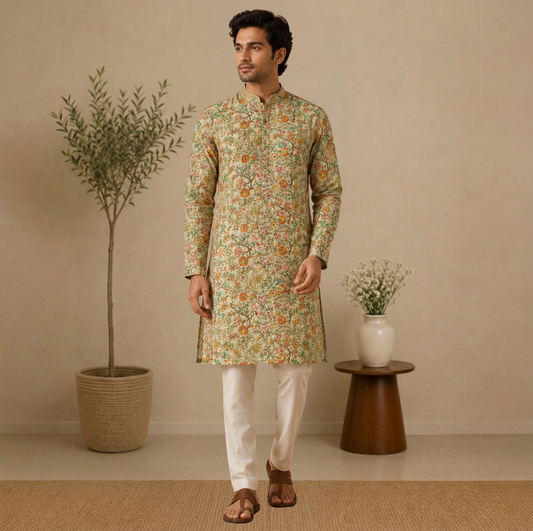 Tradition Reimagined: Modern Floral Kurta for Men.