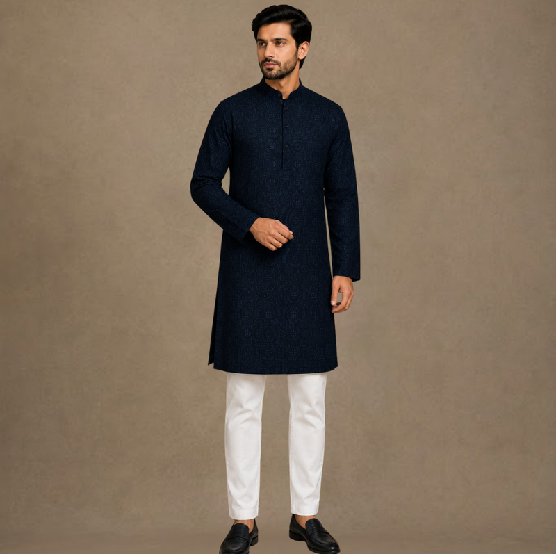 Men's Midnight Azure Textured Kurta — Luxury Indian Ethnic Wear USA