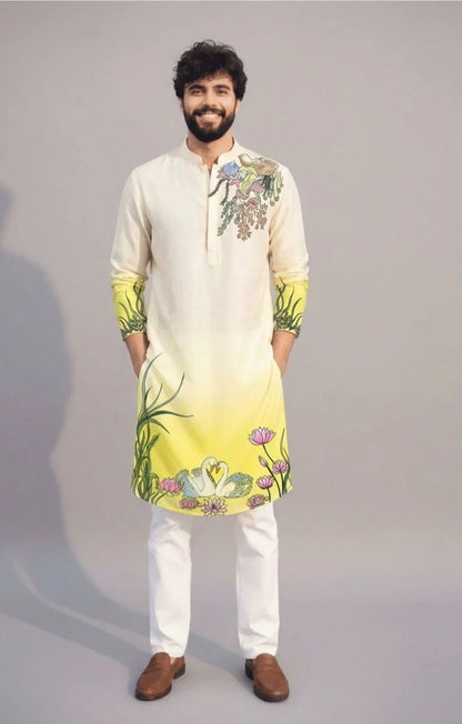 White–Yellow Hand-Painted Floral Kurta