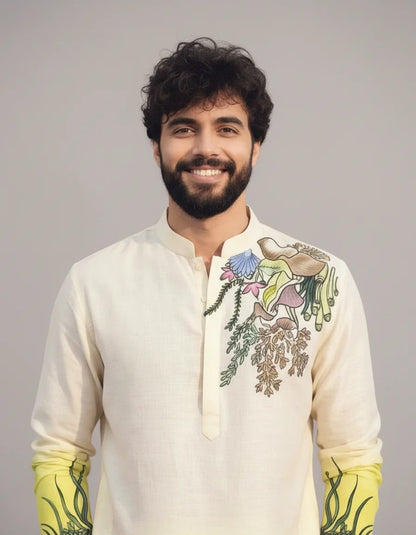 White–Yellow Hand-Painted Floral Kurta