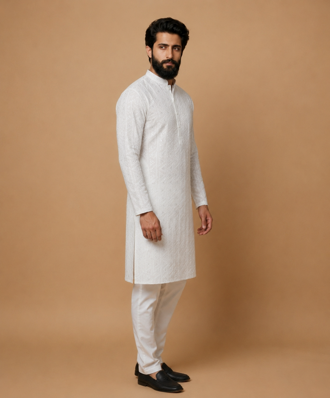 Men's Regal Thread Kurta — Ivory Geometric Embroidered Ethnic Wear USA